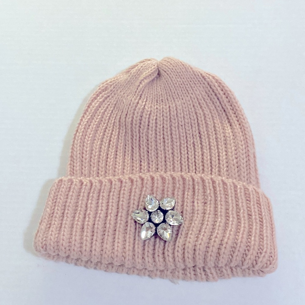 29 Palms Rib Knit Warm Hat with Rhinestone Embellishment Rose Pink One size